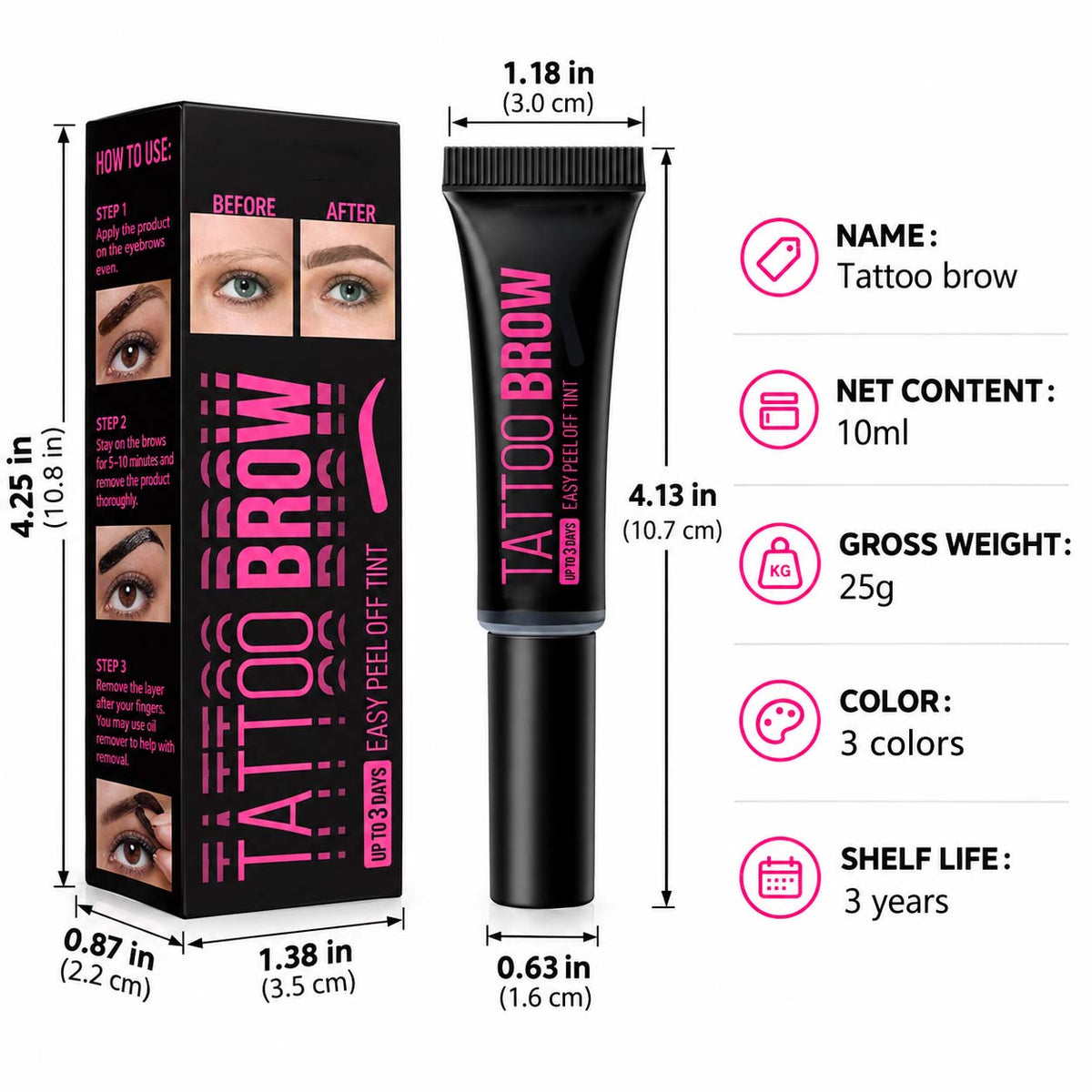 Tattoo Brow Peel-off Eyebrow Gel, 3 Days Long Lasting Waterproof Eyebrow Tint
